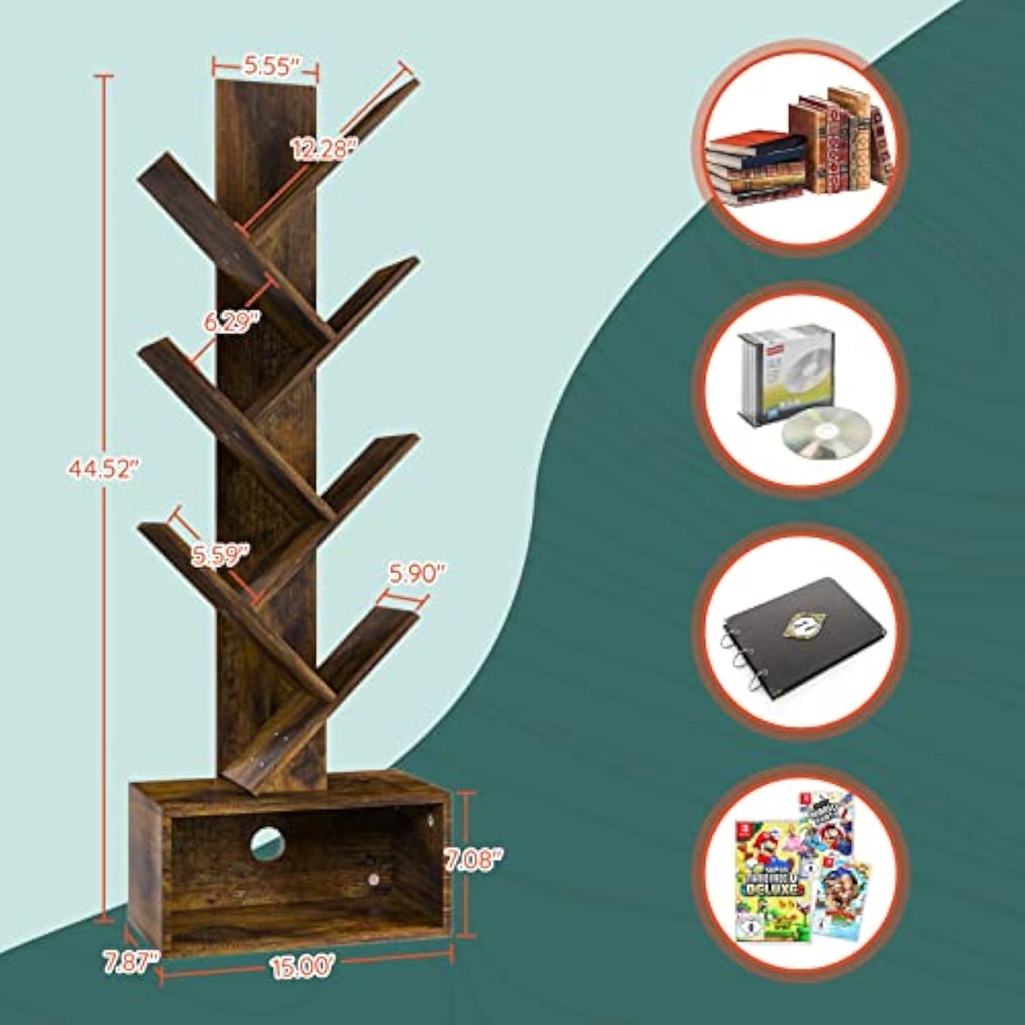 Yoobure Tree Bookshelf - 6 Shelf Retro Floor Standing Bookcase