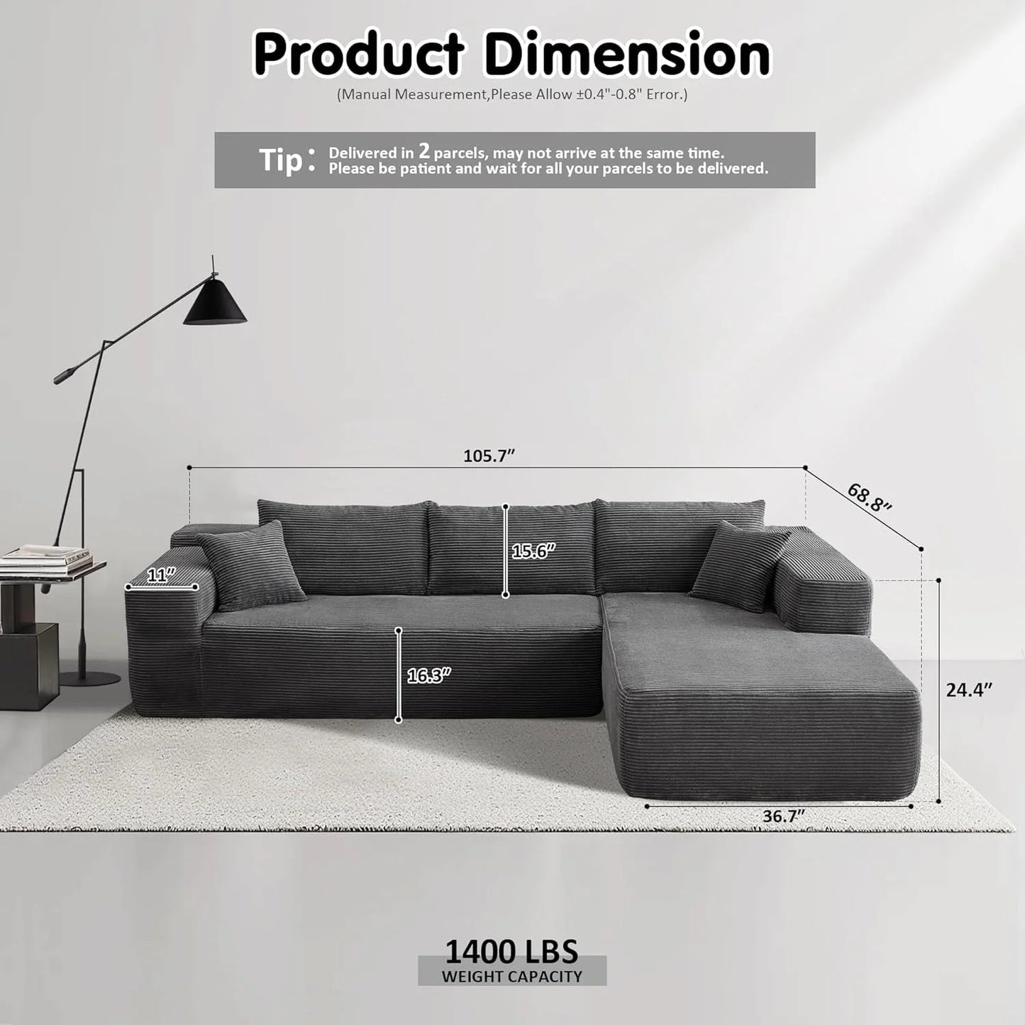 L-Shape Modular Couch, Plush Corduroy Fabric, No Assembly Required
